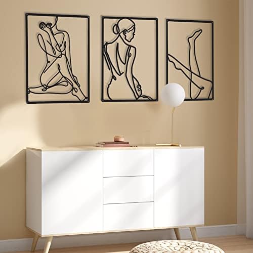 CHENGU 3 Pieces Metal Minimalist Abstract Woman Wall Art Line Drawing Wall Art Decor Single Line Female Home Hanging for Kitchen Bathroom Living Room by CHENGU