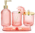 Haturi Bathroom Accessories Set, 4 Pcs Pink Glass Bathroom Accessories Sets Complete w/Lotion Soap Dispenser, Toothbrush Holder, Apothecary Jar, Vanity Tray, Bathroom Decor, Gift for Home Apartment by Haturi