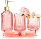 Haturi Bathroom Accessories Set, 4 Pcs Pink Glass Bathroom Accessories Sets Complete w/Lotion Soap Dispenser, Toothbrush Holder, Apothecary Jar, Vanity Tray, Bathroom Decor, Gift for Home Apartment by Haturi