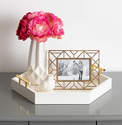 Kate and Laurel Lipton Hexagon Decorative Tray with Polished Metal Handles, White and Gold - Image 4