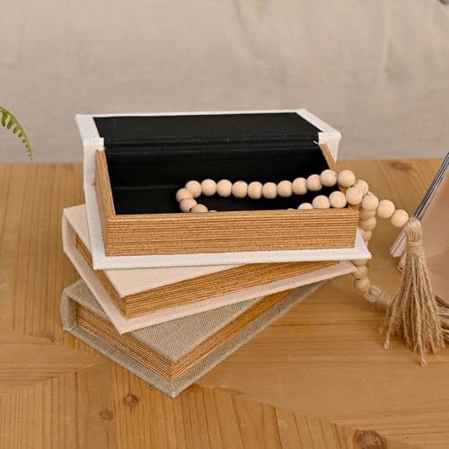 DECOR4SEASON Modern Linen and Wood Decorative Faux Book Boxes Set of 3,12" - Image 3