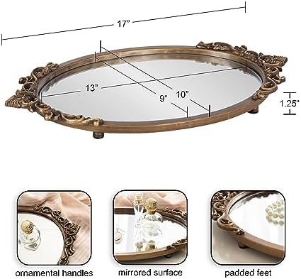 Kate and Laurel Arendahl Vintage Oval Mirrored Decorative Tray; 17 x 10; Antique Gold; Traditional Ottoman Tray for Living Room Home Decor with Ornate Detailing - Image 2