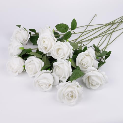 12 Pcs Artificial Rose Flowers, Silk Roses with Long Stems, Realistic Fake Roses for Wedding Centerpiece Party Home and Office DIY Decor, White by Solivya