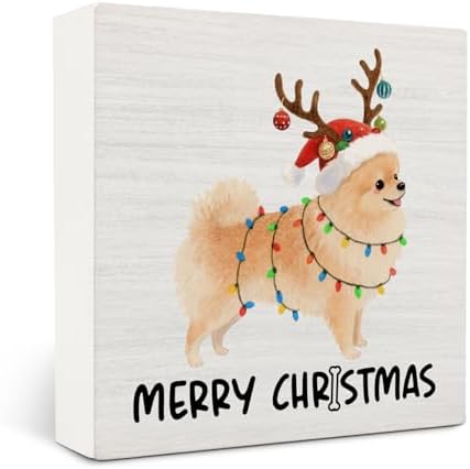 Pomeranian Merry Christmas Wooden Box Sign Desk Decor, Pomeranian Gifts, Holiday Christmas Dog Wood Block Sign for Home Bedroom Office Desk Table Shelf Wall Decorations, 5x5 Inch by OVAcational