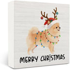 Pomeranian Merry Christmas Wooden Box Sign Desk Decor, Pomeranian Gifts, Holiday Christmas Dog Wood Block Sign for Home Bedroom Office Desk Table Shelf Wall Decorations, 5x5 Inch by OVAcational
