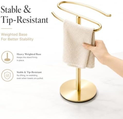 Light Brushed Gold Hand Towel Holder Stand, 13-Inch Tall Freestanding Towel Rack with Weighted Base, SUS304 Stainless Steel Countertop Towel Stand for Bathroom Vanity and Kitchen - Image 3