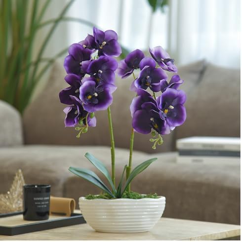 Large Artificial Orchid Arrangement in Oval Ribbed Ceramic Pot, Deep Purple - Image 3