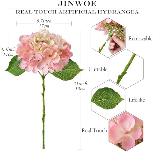JINWOE 4PCS Lifelike Real Touch Artificial Hydrangeas, 21" Pink Hydrangea Artificial Flowers for Decoration, Faux Vintage Silk Fake Flowers for Bouquet Wedding Centerpieces Tables Party Outdoor Home - Image 6