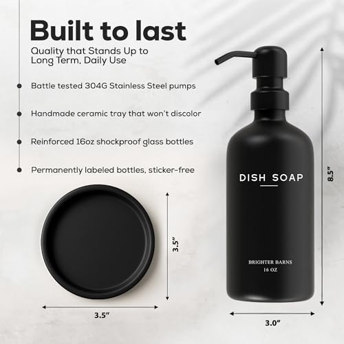 Black Glass Dish Soap Dispenser for Kitchen Sink by Brighter Barns - Modern Kitchen Soap Dispenser Set with Tray and Stainless Steel Pump - Modern Decor for Vacation Rental, Restaurants, Gifts (Black) - Image 3