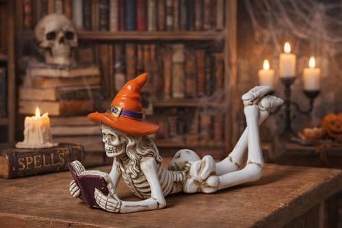 Dlfghos Halloween Skeleton Statue Halloween Skull Figurine Home Decor Reading Skeleton Figurines Decorations for Indoor Fireplace Home Kitchen Desk Office Party - Image 2