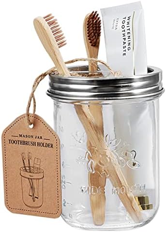 Amolliar Mason Jar Bathroom Accessories Set(4 Pack) - Lotion Soap Dispenser&Qtip Holder Set&Toothbrush Holder-Rustic Farmhouse Decor Apothecary Jar Bathroom Countertop,Vanity Organize (Brushed Nickel) - Image 4