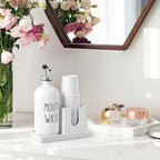 Glass Mouthwash Dispenser for Bathroom, 16 OZ Mouthwash Dispenser with Pour Spout and Wood Cup Holder and Tray, Mouth Wash Bottle Container, Farmhouse Kitchen Bathroom Decor and Accessories, White - Image 7