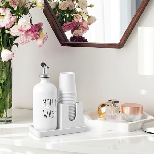 Glass Mouthwash Dispenser for Bathroom, 16 OZ Mouthwash Dispenser with Pour Spout and Wood Cup Holder and Tray, Mouth Wash Bottle Container, Farmhouse Kitchen Bathroom Decor and Accessories, White - Image 7