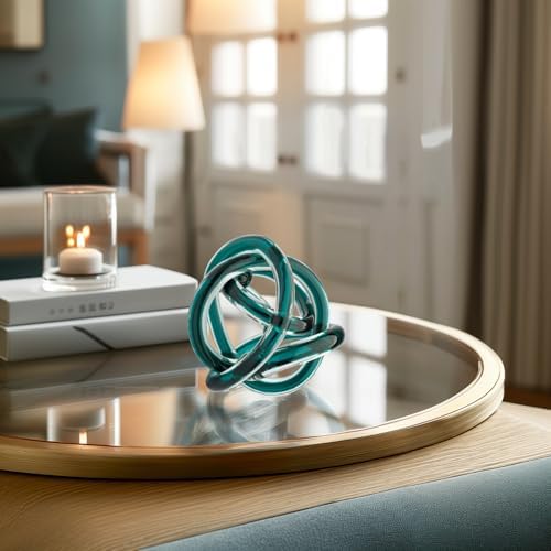 Torre & Tagus Orbit Hand Blown Glass Infinity Knot Sculpture - 3 Inch Glass Art Teal Knot Decor Ball for Home Decor, Small Centerpiece Table Decoration for Home Interior (Clear Teal) - Image 5