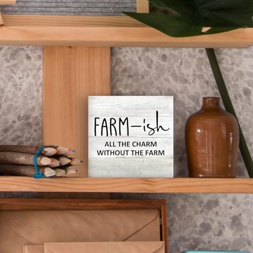 Rustic Farmhouse Wood Box Sign, Farmhouse Desk Shelf Decor, Farm-Ish All the Charm without the Farm Wooden Block Plaque Box Sign for Farmhouse Home Living Room Bedroom Table Decor - Image 5