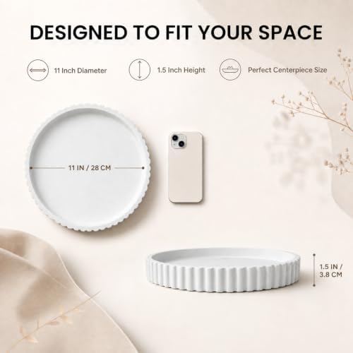 11-Inch Concrete Round Tray Home Decor for Coffee Table Decor - Round Coffee Table Tray - Circular Kitchen Island Trays - Decorative Trays- White - Image 2