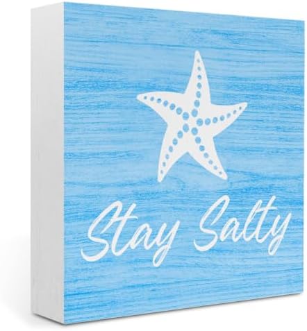 Beach Bathroom Decor Starfish Decor Stay Salty Beach Theme Summer Decorations Wooden Box Sign for Home Office Farmhouse Table Shelf by IYEZH