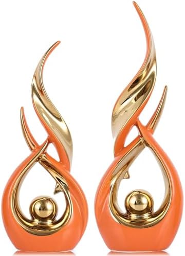 2 PCS Orange Gold Ceramic Statues For Home Decor Accents, Modern Abstract Art Sculptures, Elegant Tabletop Decorative Objects For Dining Room, Entryway, Tv Stand, Mantel, Coffee Table Centerpieces by LINYTHER