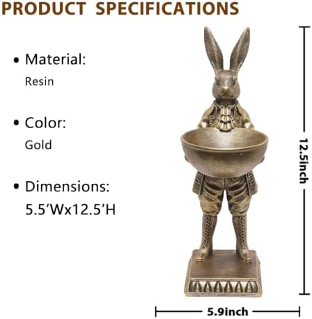 Home Decor Gift 12.6 Inch Vintage Rabbit Statue with Bowl, Resin Bunny Figurine Serving Tray, Multifunctional Key Candy Purse Holder Bowl, Jewelry Dish Ring Holder, Desktop Tabletop Art Decor - Image 3