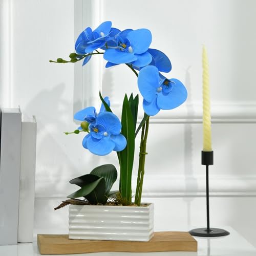 Artificial Real Touch Orchid Flowers with White Ceramic Vase, Blue - Image 7