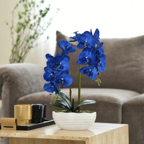 Large Artificial Orchid Arrangement in Oval Ribbed Ceramic Pot, Navy Blue - Image 3