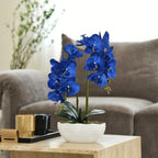Large Artificial Orchid Arrangement in Oval Ribbed Ceramic Pot, Navy Blue - Image 3