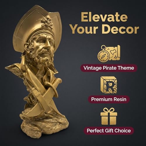 H&W Golden Pirate Figurines - Buccaneer Francis Drake Statue Decoration - Image 3