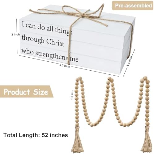Decorative Books for Home Decor, White Faux Books for Decoration, Rustic Farmhouse Stacked Books with 52in Wood Bead Garland for Coffee Table Mantle Fireplace (I can do All Things Through Christ) - Image 4
