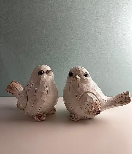 KiaoTime Farmhouse Bird Decor Resin Bird Figurines - Set of 2, Vintage & Modern Bird Decor Statue for Home Decor Accents, Cottage Bird Ornaments Decoration New White Carved Rustic Bird Figurine - Image 4