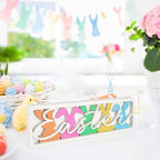 Vintage Happy Easter Decorations for Office, Home, Table, Mantel, Shelf, Desk, 3 1/2 x 11 Inch Retro Bunny Sign, Wooden Spring Bunnies Decor Sign, Farmhouse Pink Decoration (Colorful Bunnies) - Image 7