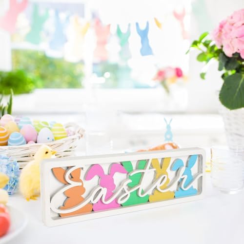 Vintage Happy Easter Decorations for Office, Home, Table, Mantel, Shelf, Desk, 3 1/2 x 11 Inch Retro Bunny Sign, Wooden Spring Bunnies Decor Sign, Farmhouse Pink Decoration (Colorful Bunnies) - Image 7