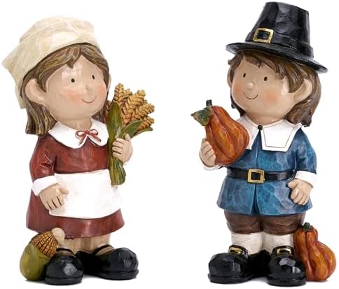 Valery Madelyn Fall Decorations for Home, 2 Pcs Fall Decor for Table Indoor Outdoor, Resin Thanksgiving Decorations Garden Pumpkins Pilgrim Figurines for Autumn Harvest Porch Tiered Tray, 5" by ValeryMadelyn