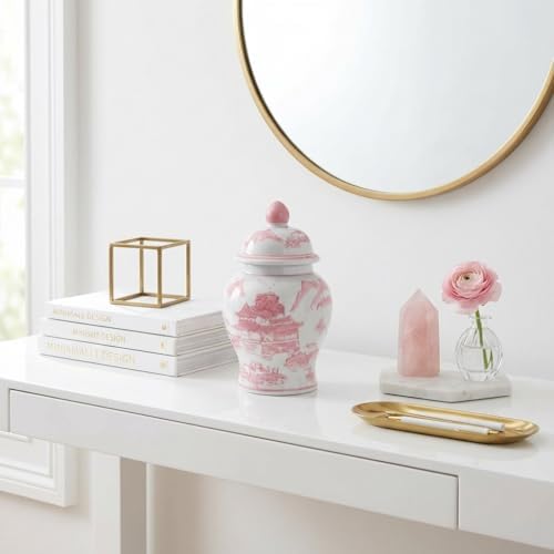 Galt International 8" Ceramic Ginger Jar w/Lid - Classic Chinese Style Porcelain Jar Tea Storage for Home Decor Decorative Centerpiece Vintage Accent Antique Vase Jingdezhen (Pink & White) - Image 4