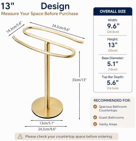 Light Brushed Gold Hand Towel Holder Stand, 13-Inch Tall Freestanding Towel Rack with Weighted Base, SUS304 Stainless Steel Countertop Towel Stand for Bathroom Vanity and Kitchen - Image 2
