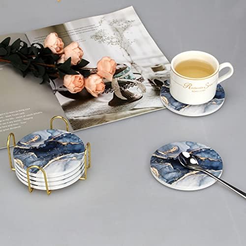 Coasters Set of 6, Navy Blue Marble Abstract Ceramic Coasters with Holder - Image 6