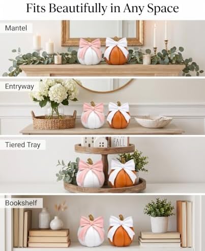 2-Pack Pumpkin Figurines with Bows for Fall Decor Autumn Harvest Decoration - Image 3