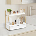2-Tier Bathroom Countertop Organizer with Drawer, Wood Vanity Shelf White - Image 3