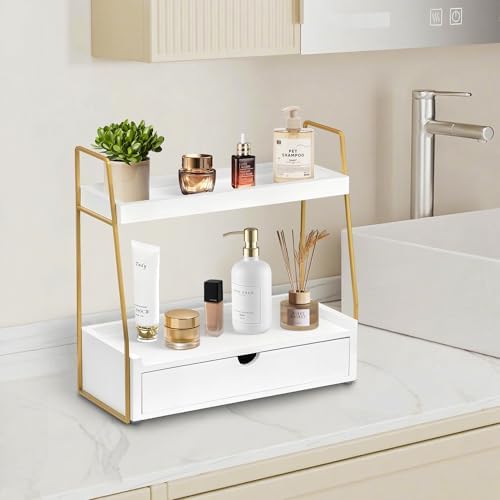 2-Tier Bathroom Countertop Organizer with Drawer, Wood Vanity Shelf White - Image 3