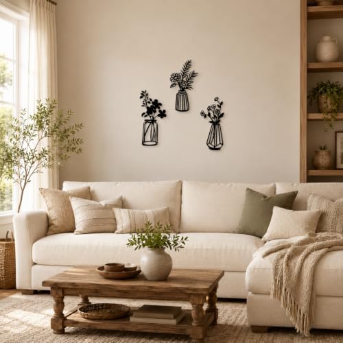 Qzmaikoo 3 Pieces Black Metal Flowers Wall Decor Vase Art Sculptures Hanging for Indoor Kitchen Bathroom Dining Room Patio, 14.56x7.48 Inches - Image 6