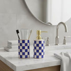 Bathroom Toothbrush Holder Set, Ceramic Checkered Soap Dispenser and Tooth Brush Holder Set, Modern Bathroom Accessories Sets Countertop, Black and White Checkered Bathroom Decor Set (Blue) - Image 4