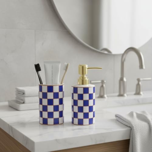 Bathroom Toothbrush Holder Set, Ceramic Checkered Soap Dispenser and Tooth Brush Holder Set, Modern Bathroom Accessories Sets Countertop, Black and White Checkered Bathroom Decor Set (Blue) - Image 4