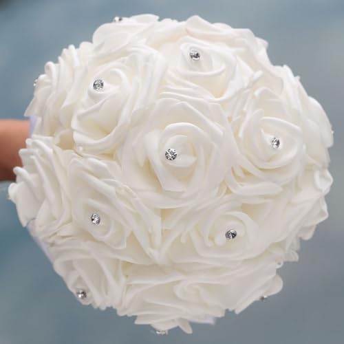 Wedding Bouquets for Bride, Bridal Flowers for Wedding, Bride Bridesmaid Hand Flowers Bridal Bouquet Crystal Diamond Silk Roses, Artificial Flowers Bouquet for Church Wedding Party (Blue) - Image 6