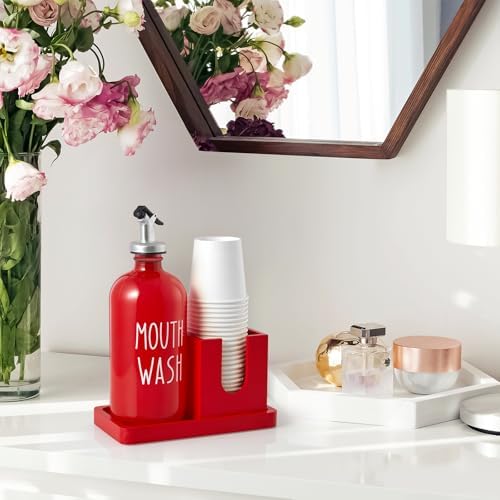 Glass Mouthwash Dispenser for Bathroom, 16 OZ Mouthwash Dispenser with Pour Spout and Wood Cup Holder and Tray, Mouth Wash Bottle Container, Red Kitchen Bathroom Decor and Accessories - Image 7