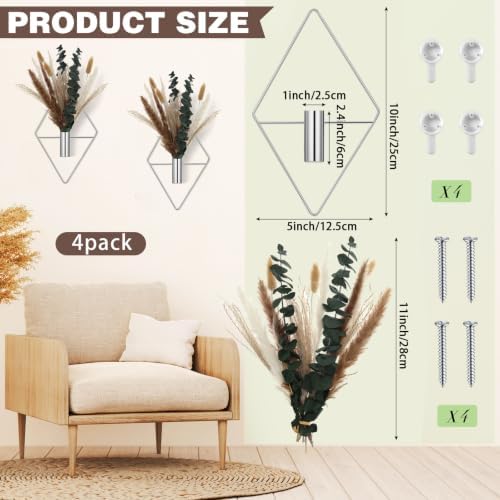 Jexine 2 Pcs Hanging Artificial Planters Wall Decor, Chrome Silver, Pampas - Image 2