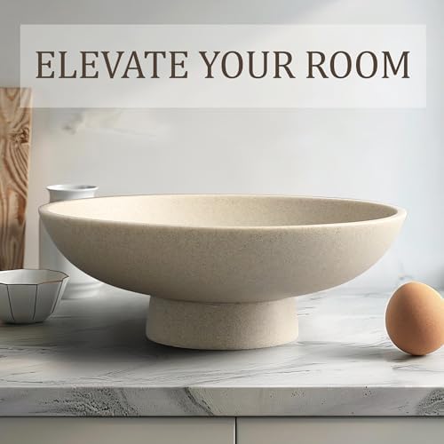 LIN CHUAN Modern Resin Pedestal Bowl – Large Fruit Bowl for Kitchen Counter, Catch All Bowl for Entryway Table, Stylish Key Bowl & Dining Centerpiece, Beige - Image 5