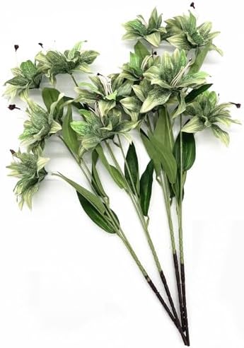 Artificial Silk Flowers Fake Lily Flower Long Stems Stargazer Lilies 4 Pack, Faux Tiger Bouquets with Full Bloom Floral Real Touch Plants for Home Kitchen Decor Wedding Party Hotel Decoration - Green - Image 6
