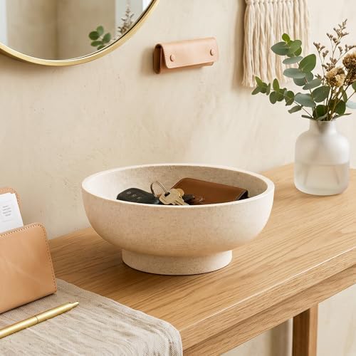 10" Large Decorative Bowl for Entryway Table with Pedestal, Stone Beige - Image 5