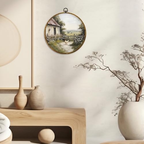 CUANFDDSF Vintage Countryside Farmhouse Chickens Round Wall Art, Rustic Cottagecore Kitchen Framed Hanging Wall Decor, Country Animal Scene Canvas Prints Decorations for Farm House Room, 10x10 Inch - Image 2
