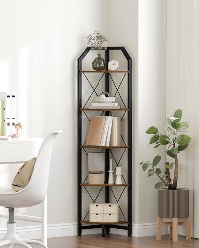 CHOEZON 59.4" Corner Shelf, 5-Tier Industrial Corner Bookshelf, Corner Storage Stand, Plant Stand Display Shelf, Bookcase for Bedroom, Living Room, Home Office, Rustic Brown and Black TCJ10BF - Image 3