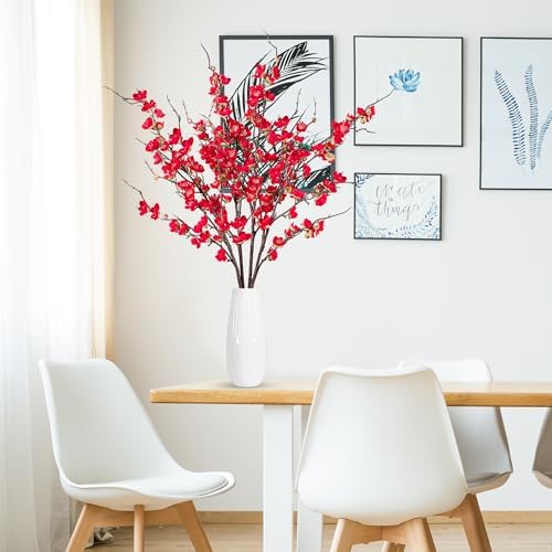 Sggvecsy Artificial Plum Blossom Flowers 4 Pcs Faux Cherry Blossom Stems Faux Silk Plum Blossom Branches 36.2’’ Fake Flowers Long Stems for Vase Arrangements Home Wedding Table Decor (Red) - Image 3